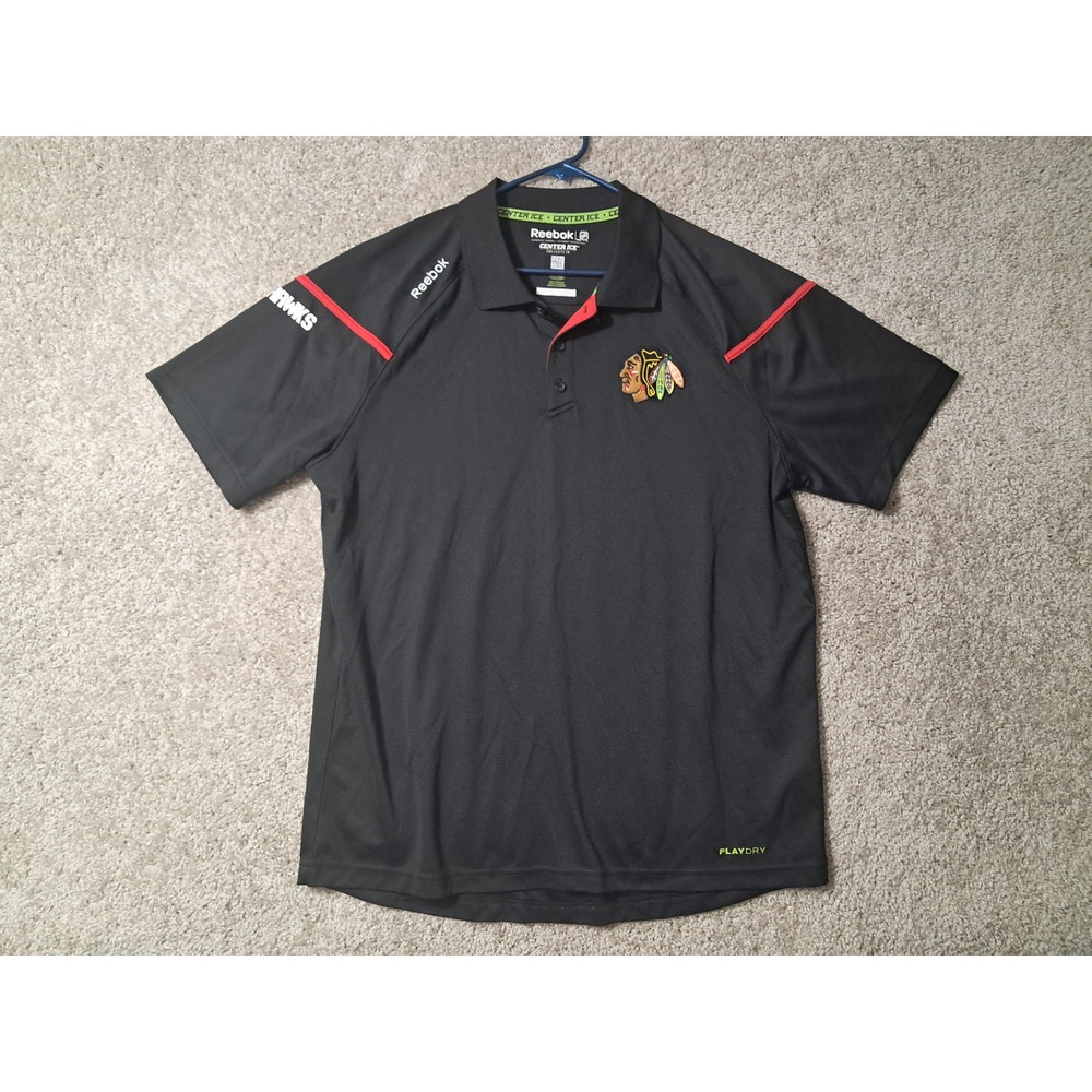 Chicago Blackhawks Reebok Polo Mens L Black Center Ice NHL PlayDry 1239A 14